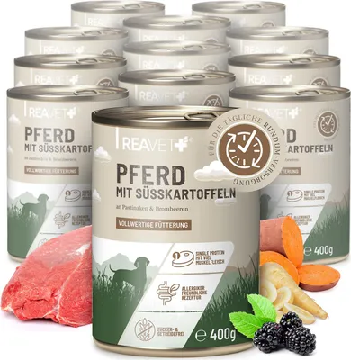 Produktbild von REAVET Premium Hunde Nassfutter - Pferd an Süßkartoffeln & Brombeeren 12 x 400g I mit hohem Fleischanteil & viel Muskelfleisch, Getreidefrei, Hundefutter nass, ohne Zucker
