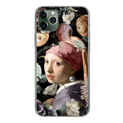Produktbild von MuchoWow® Handyhülle Schutzhülle Hülle für iPhone 11 Pro Max Mädchen mit Perlenohrring - Blumen - Vermeer - Pastell - Kunstwerk - Gemälde - Alte Meister Silikon Softcase Handy Hülle - Schutz