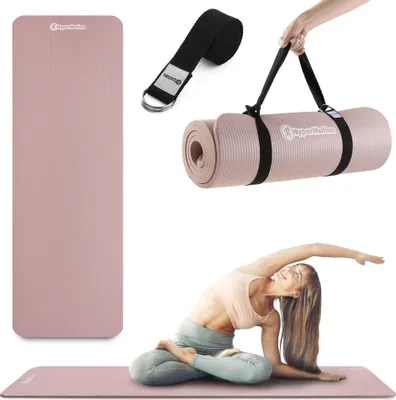 Produktbild von HyperMotion Yogamatte NBR 183x61x1,5 cm Beige (Altrosa) – Extra Dicke 15 mm Fitnessmatte rutschfest mit Trage- & Yogagurt, für Yoga, Pilates & Stretching