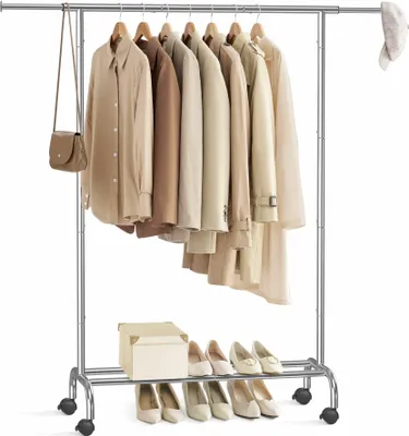 Image de Porte-vêtements mobile argenté, 156 cm, réglable, avec roulettes