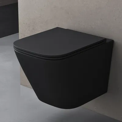 A black wall-mounted toilet is shown against a concrete wall and floor.