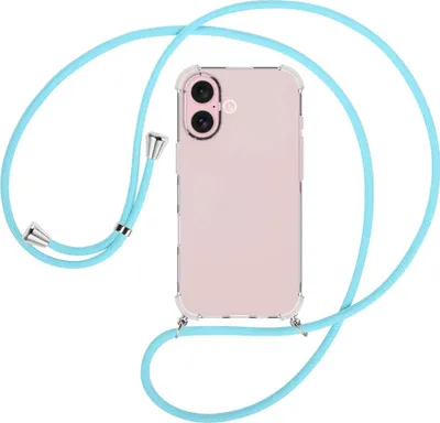 Produktbild von Handykette Backcover-Schutzhülle mit Band (Metall silberfarben) für iPhone 16 - himmelblau