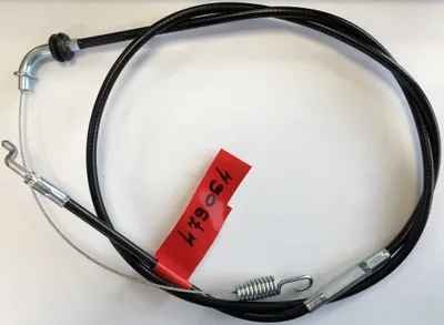 A black cable with silver fittings and a red tag with writing on it, laid out on a white background.