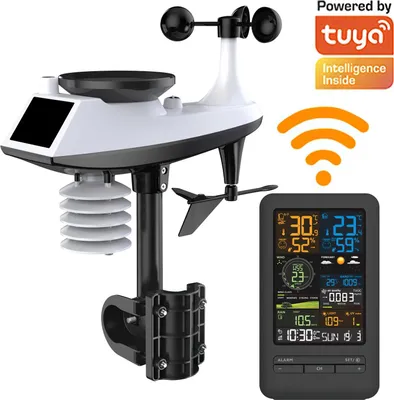 Zdjęcie produktu dla Inteligentna stacja pogodowa z budzikiem - termometr i higrometr z Wi-Fi - czujnik wiatru, deszczu i światła - podwójny alarm - 15 języków - rejestracja danych