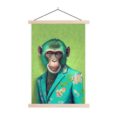 Produktbild von MuchoWow® Textilposter Affe - Colbert - Blumen - Neon - Porträt 40x60 cm mit holzfarbenen Rahmen - Poster