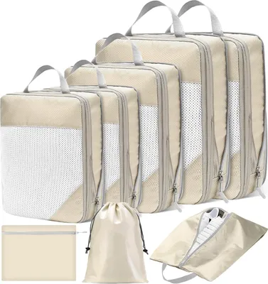 Productafbeelding van Reisorganizer set, 8 stuks, compressie cubes voor kleding, beige, voor vakantie