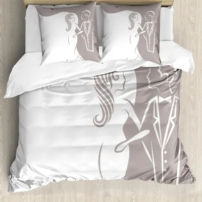 Image de ABAKUHAUS Ensemble de housse de couette pour fête de fiançailles, silhouette des jeunes mariés - motifs d'invitation de mariage, 200 x 200 cm + 80 x 80 cm, taupe et blanc