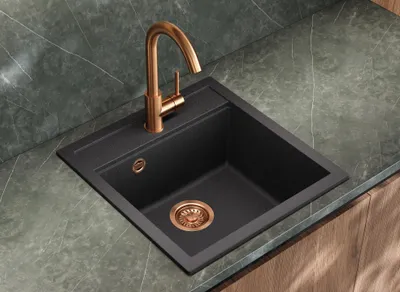 Produktbild von Helika® Granitspüle TESSA 49 x 51 cm in Schwarz, inkl. Kupferventil und Siphon, Einbau