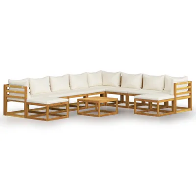 A sectional outdoor sofa set with cushions and a coffee table, arranged on a white background.