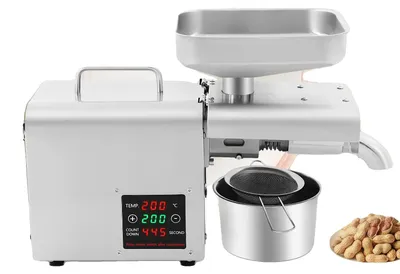 Zdjęcie produktu dla Prasa do oleju, wykonana ze stali nierdzewnej 304, silnik 150W, wydajność 3-6 kg na godzinę, wydobycie oleju do 45%, wymiary 25 x 27 x 40 cm