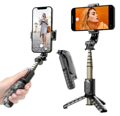 Produktbild von Techsuit – Mini-Stabilisierungs-Selfie-Stick Gimbal mit Stativ, Bluetooth-Fernbedienung, zusätzlichem Licht, 360°-Drehung, 68 cm – schwarz