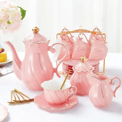 Obrázek produktu pro Sada porcelánového čajového nádobí pro 6 osob, růžová barva, se zlatým lemem, včetně podnosu