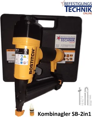 A Bostitch pneumatic combination nailer and stapler is shown in its black carrying case.