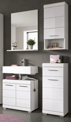 Produktbild von Badmöbel Set 4-teilig "Shawn" in weiß Hochglanz Badkombination 112 x 191 cm