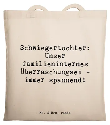 Produktbild von Mr. & Mrs. Panda Jutebeutel Spruch Überraschungs-Schwiegertochter - Transparent - Geschenk, Familie, Spannung, handgemacht, Familienmitglieder, Humor, Beziehung, Tasche