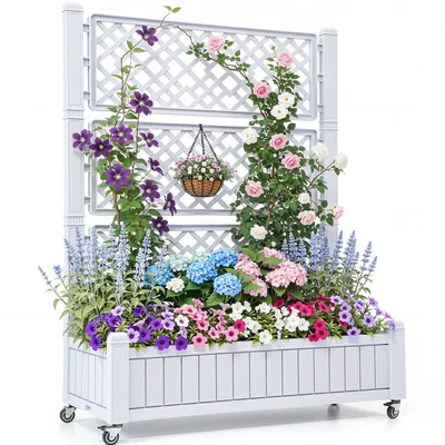 Produktbild von Pflanzkasten mit Rankgitter, Hochbeet für Balkon, 108,5x44x155cm, Garten Rankgitter mit Rädern, Gemüse- Blumenkasten, Weiß