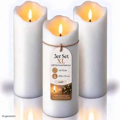 Produktbild von 3er Set XL LED Echtwachskerzen 10 x 25 cm mit Timer, 3D Flackereffekt, batteriebetrieben, Weiß – Flammenlose Deko-Kerzen, KI-generiertes Bild