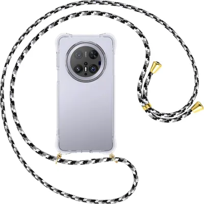 Produktbild von Handykette Backcover-Schutzhülle mit Band (Metall goldfarben) für Huawei Mate 70 Pro - schwarz/grau/weiß
