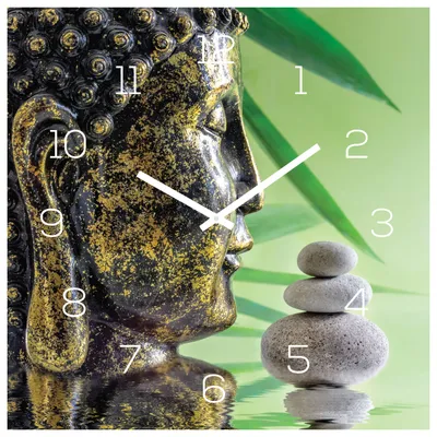 Produktbild von Wanduhr Glas 30x30cm Uhr Glasbild Buddha Kopf Steine Grün Wellness Wanddeko