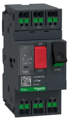 Image de Disjoncteur de protection moteur Schneider GV2ME05A 3 pôles 0,63-1 A,par bouton-poussoir, SnapIN
