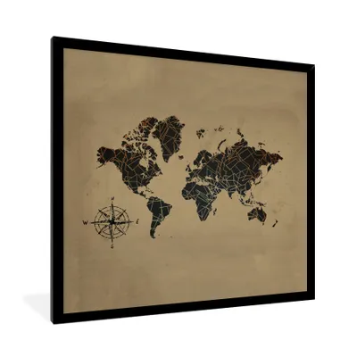 Obrázok produktu pre MuchoWow® Zarámovaný plagát Mapa sveta - Zlato - Kompas 40x40 Nástenný plagátový rám Fotky