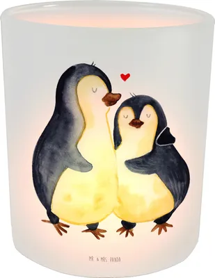 Produktbild von Mr. & Mrs. Panda Glas Teelichthalter Pinguin umarmen - Transparent - Geschenk, Outdoor Windlicht, Liebe, Hochzeitsgeschenk, Kerzen, Verknallt, glücklich, aus