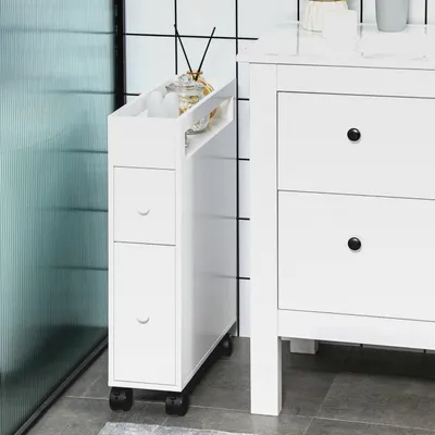 Produktbild von HOMCOM Badezimmerschrank Nischenschrank schmal mit Schublade auf Rollen, Badschrank Toilettenschrank Beistellschrank für Badezimmer, kleine Räume, 16 x 49,5 x 66 cm, Weiß