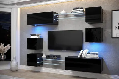 Obrázek produktu pro Furnitech Závěsná skříňka do obývacího pokoje - Závěsná skříňka moderní - Police a TV skříňka - Nábytek do obývacího pokoje bez LED (AN65N-21B-HG1)