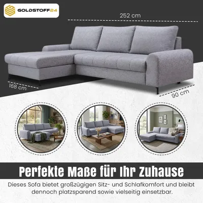 Produktbild von GOLDSTOFF AKIRA Ecksofa L-Form | Schlafsofa mit Schlaffunktion und praktischem Staufach | Bequemes Schlafsofa (Blau)