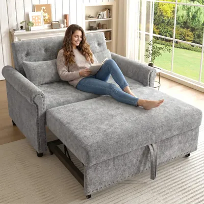 Zdjęcie produktu dla Nowoczesna rozkładana sofa 3 w 1 z dwoma miejscami siedzącymi, funkcją spania, trójstopniową regulacją oparcia, obiciem z tkaniny typu chenille, w zestawie 2 poduszki, wymiary: 120x80x82 cm, kolor: szary