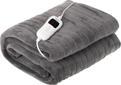 A folded gray electric blanket with a white controller attached.
