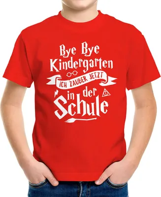 Produktbild von Kinder T-Shirt Jungen Bye Bye Kindergarten ich zaubere jetzt in der Schule Geschenk zur Einschulung Schulanfang Moonworks® rot 122-128 (7-8 Jahre)