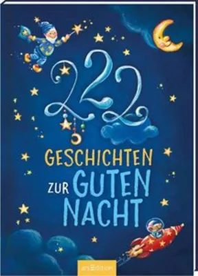 A children's book cover with illustrations of a night sky, stars, a moon, a gnome, and a rocket ship.