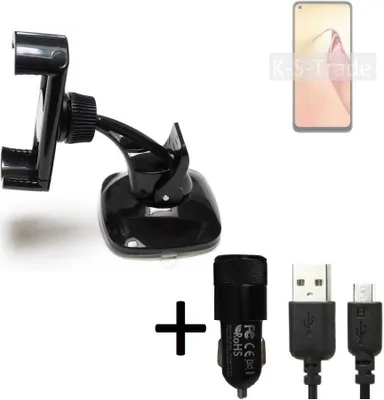Produktbild von K-S-Trade Halterung kompatibel mit Oppo Reno8 Windschutzscheibe / Armaturenbrett + LADEGERÄT mit Mico USB Kabel Autohalterung KFZ Halter