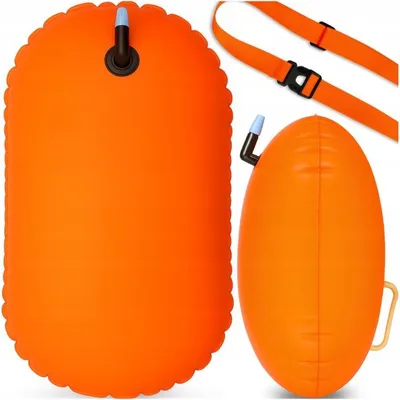 Produktbild von Aufblasbare Schwimmboje Sicherheitsboje 48cm Orange – Hohe Sichtbarkeit & Auftrieb 85N – Freiwasser Boje für Schwimmer & Triathlon – inkl. Hüftgurt