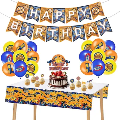 Dart-Party-Dekoset: 18 Ballons, Banner, Tischdecke, Cake Topper