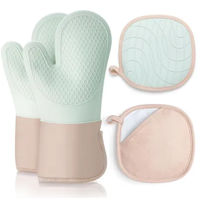 4-teiliges Ofenhandschuh-Set aus Silikon und Baumwolle, Grün