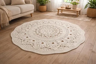 Produktbild von Runder Boho-Teppich, handgehäkelt aus Polyester, 140 cm Durchmesser, waschbar, Bohemian-Stil