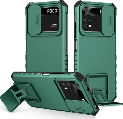 Image de Etui pour Xiaomi Poco M4 Pro 4G étui de protection militaire double couche avec support et protection coulissante de l'appareil photo vert