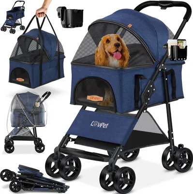 Produktbild von LOVPET® Hundewagen 2in1 Hundebuggy Hundebox Transporttasche Faltbar klappbar bis 20kg Haustiere Buggy mit Netzfenstern Getränkehalter, Regenschutzabdeckung & Kuscheldecke Jogger Buggy für Haustiere