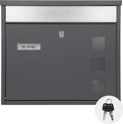 Produktbild von ECD Germany Briefkasten mit Namensschild und Sichtfenstern 36x31,5x11,5 cm, Anthrazit-Silber, Edelstahl pulverbeschichtet, abschließbar, 2 Schlüsseln