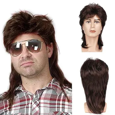 Obrázok produktu pre Paruka pre mužov (hnedá), štýl "vokuhila" z 80. rokov, mullet, pánska dlhá paruka, syntetické vlasy, cosplay, Halloween, kostým, párty