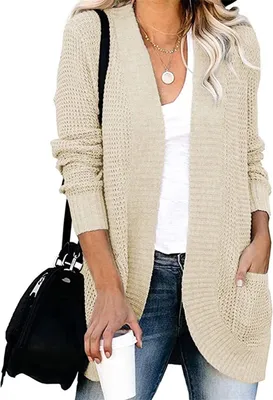 Image de ASKSA Femme décontractée Pull en tricot manches longues Cardigan décontracté doux, Abricot L