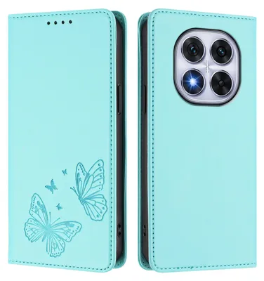 Obrázek produktu pro Kožené pouzdro pro Xiaomi Poco X7/Redmi Note 14 Pro 5G/14 Pro+ 5G, motýlí ražbou, peněženkové flip pouzdro se stojánkem Mátově zelená