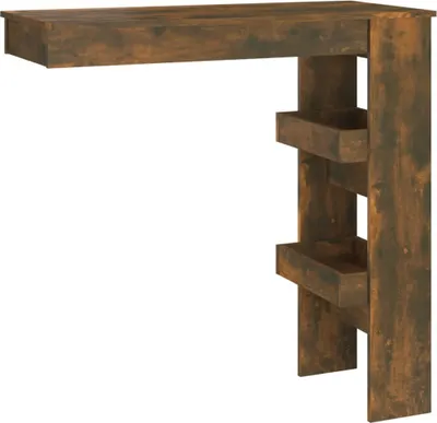 A wooden bar table with shelves against a white background.