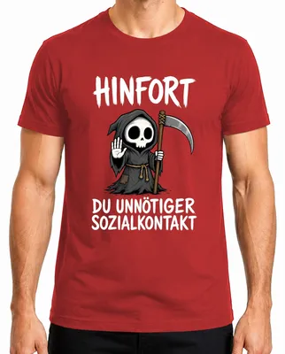 Imagen del producto de Camiseta para hombre, color rojo, con el texto: "Hinfort: Contacto social innecesario. La muerte: una declaración sarcástica." (Talla L)