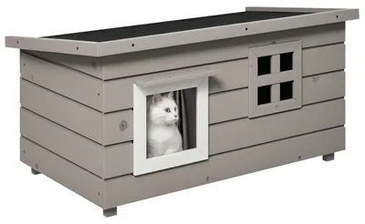 Produktbild von PawHut Katzenhaus Katzenhütte mit Asphaltdach Fenster Winterfest Tannenholz Grau