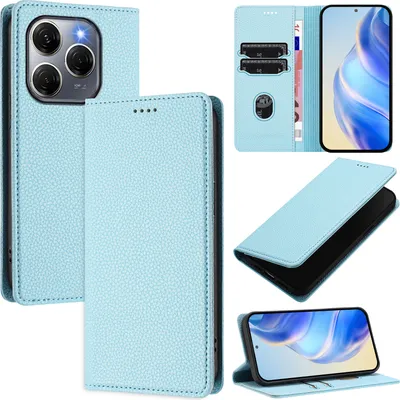 Produktbild von Litchi Leder Handyhülle für Tecno Spark 20 Pro 5G Wallet Kartenfächer Standfunktion Hülle Hellblau