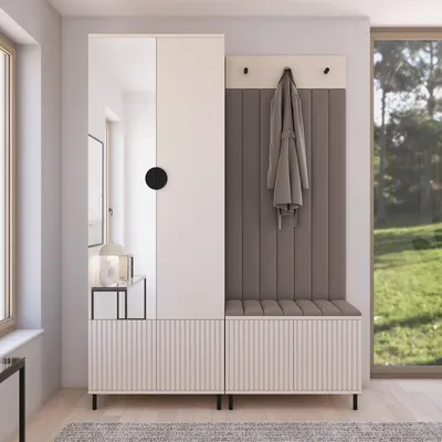 Produktbild von Garderoben-Set Ritmo Version 1 –gefräster Kleiderschrank mit Spiegel, mit hohen Füßen, gepolsterte Wandpaneele, , für den Flur (cashmere, Trinity 06)