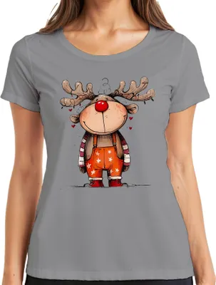 Produktbild von Niedliches Rentier mit roter Nase Rudolf Weihnachten Geschenk Damen T-Shirt, Grau, M